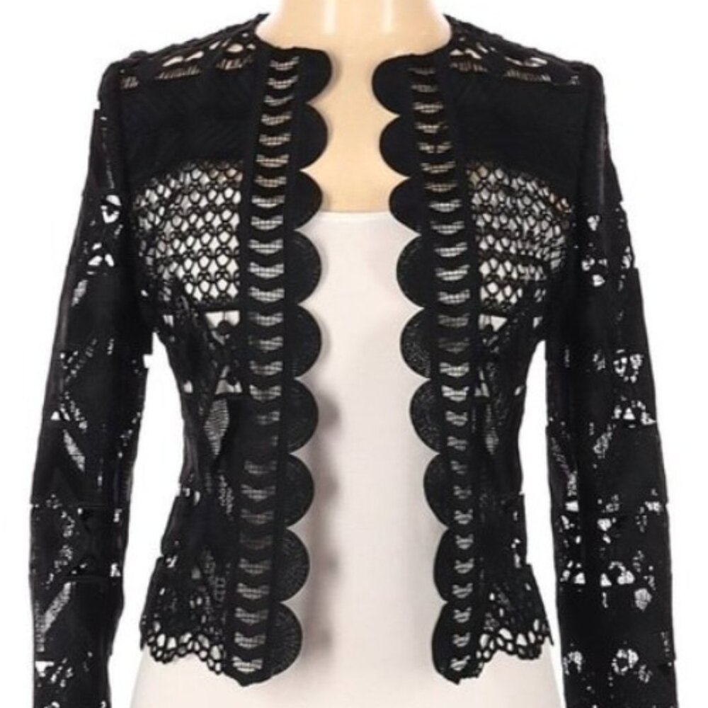 SOLDTed Baker London Black Lace Jacket Blazer Size 0 Open Sheer Dalmy Cropped - Picture 1 of 16